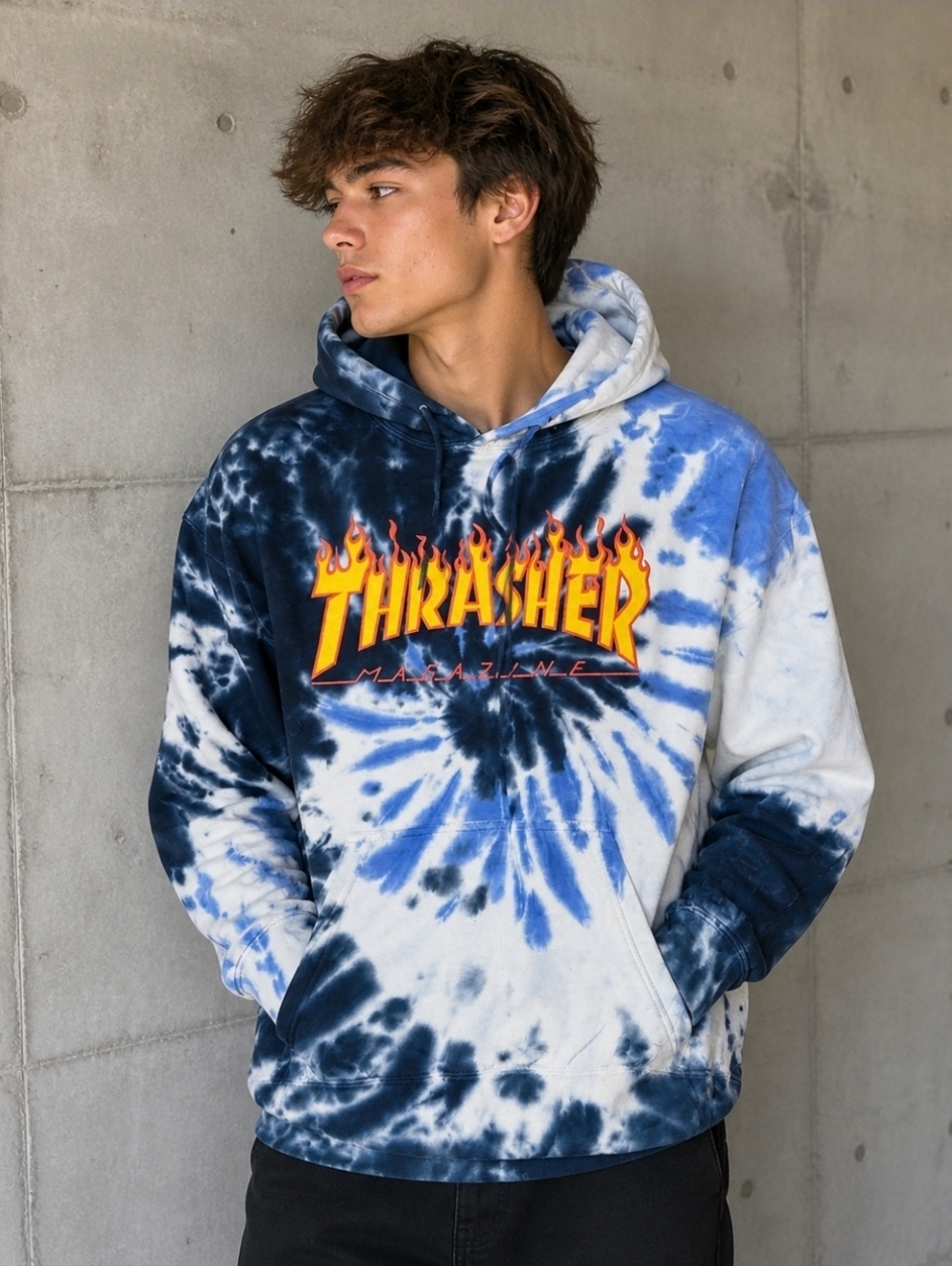 Thrasher Blue & White Tie-Dye Crewneck with Flame Logo - Men